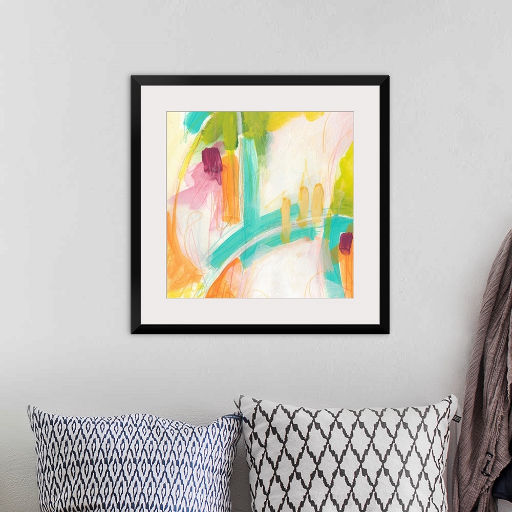 A bohemian room featuring Abstract painting using vibrant colors such as orange and teal to create wild shapes using broad ...