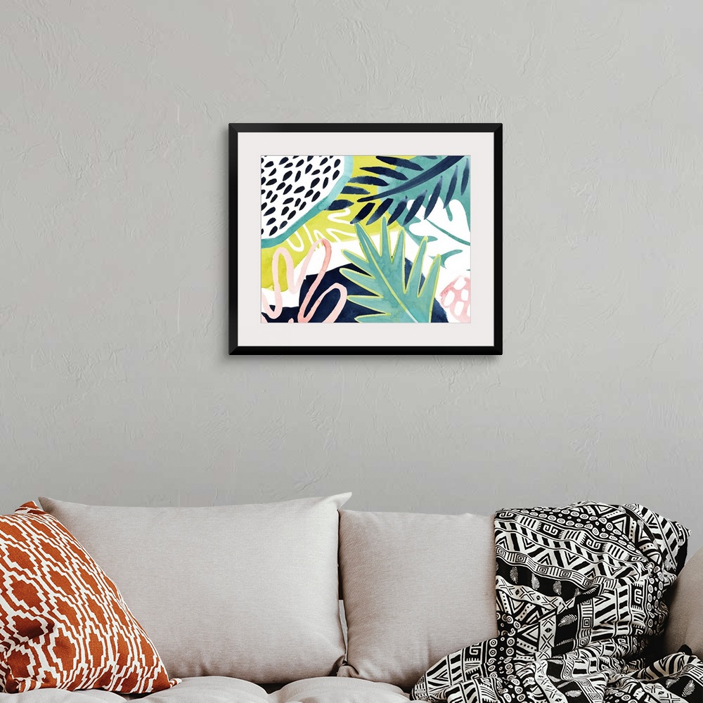 A bohemian room featuring Bright tropical abstract leaf patterns on a white background.