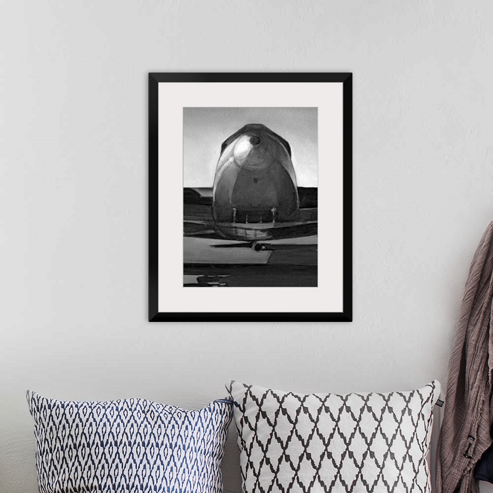 A bohemian room featuring Big canvas print of an illustration of an antiqued airplane.