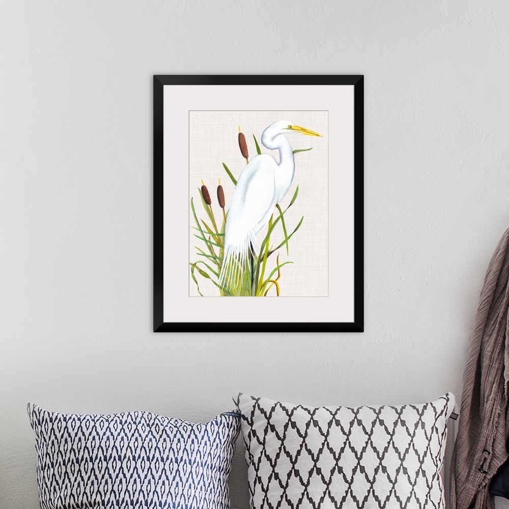 A bohemian room featuring Painting of a white egret standing in tall reeds.