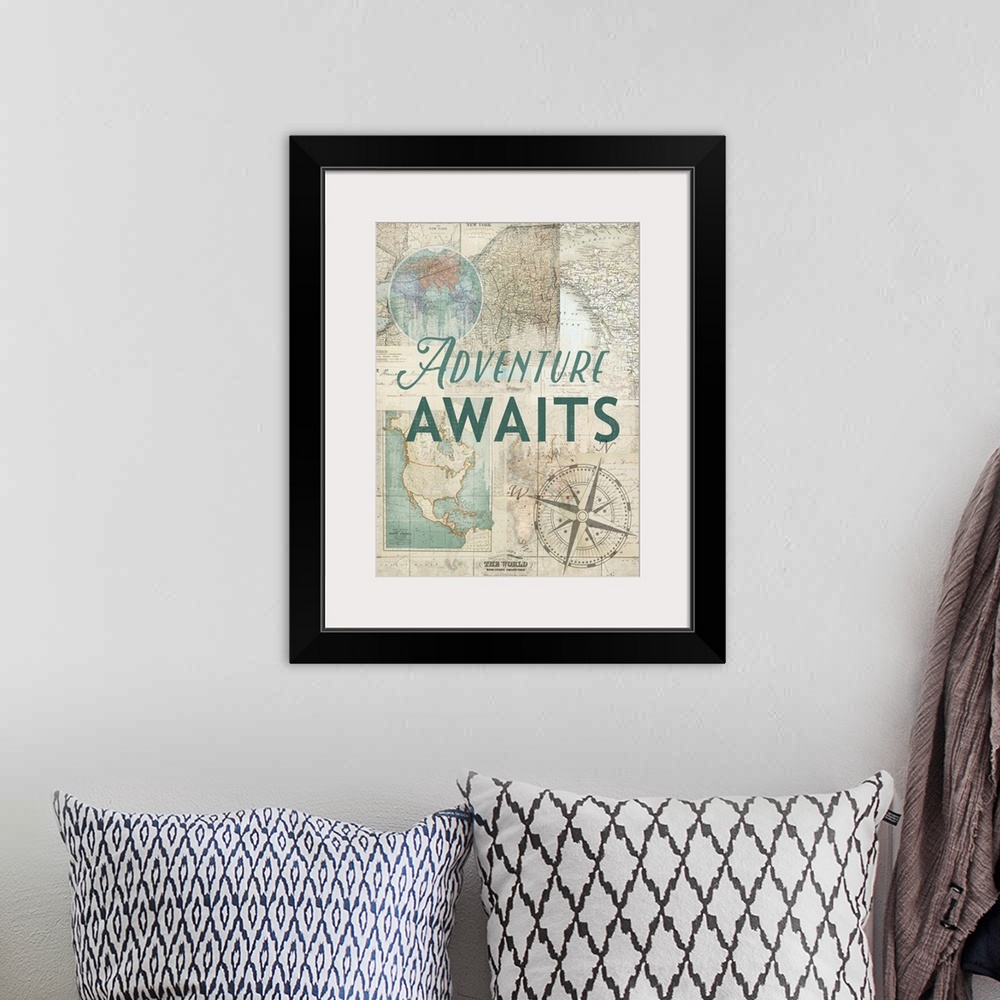 A bohemian room featuring Bold lettering over a variety of vintage maps and a compass rose design.