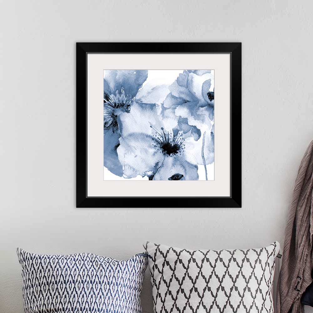 A bohemian room featuring Contemporary watercolor painting of pale blue flowers with broad petals.