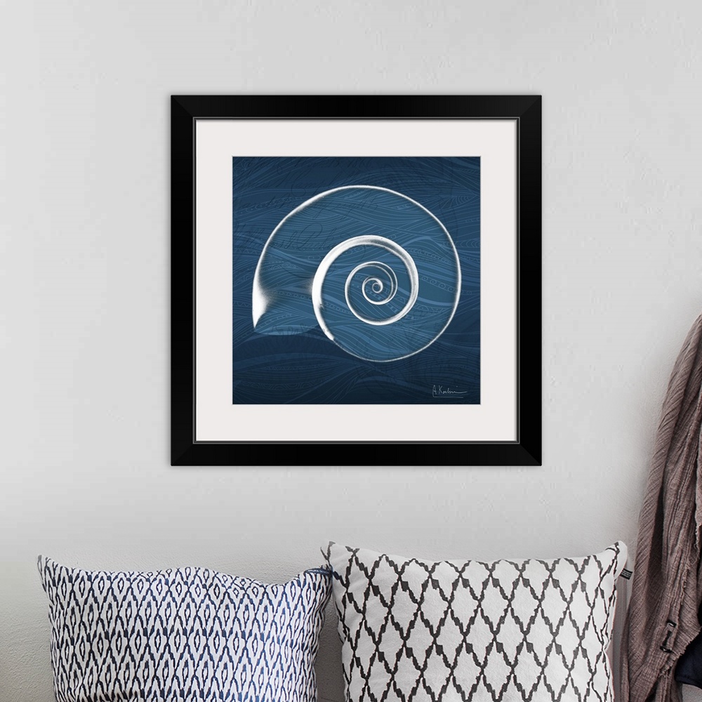A bohemian room featuring X-ray photograph of a spiral seashell against a wavy dark blue background.