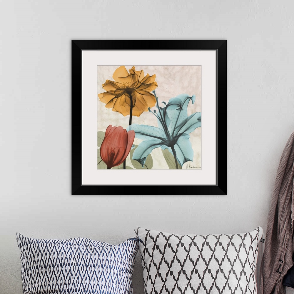 A bohemian room featuring Square x-ray photograph of a group of flowers, against an earth toned background.