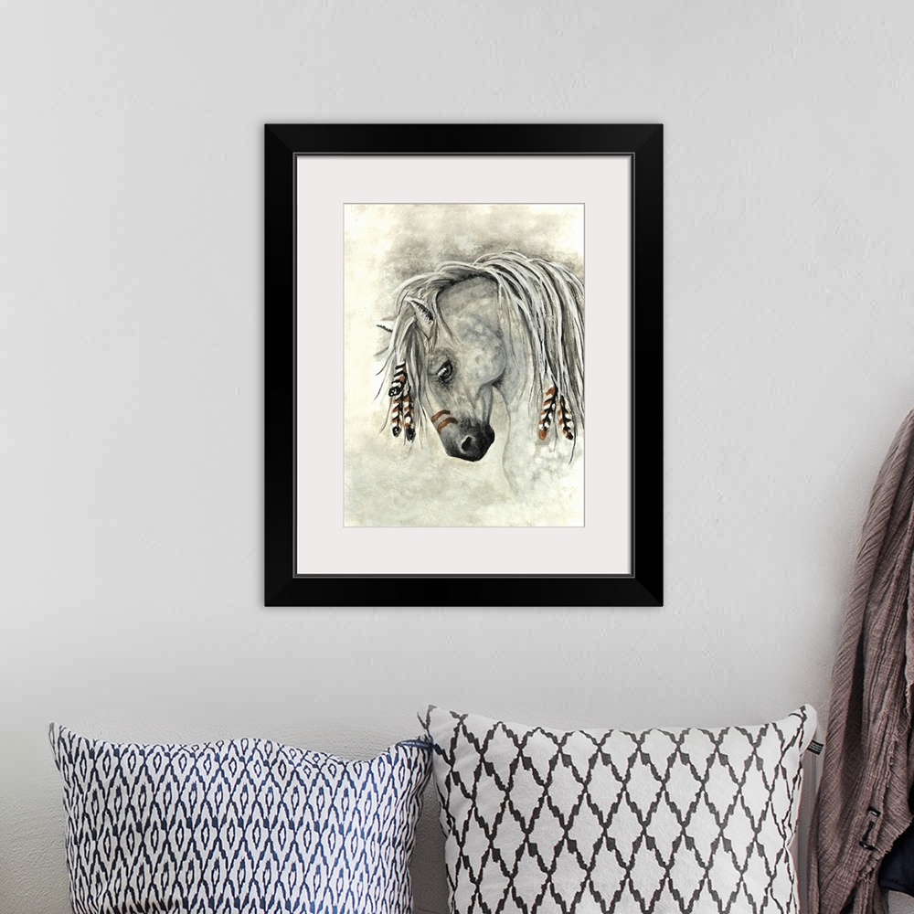 A bohemian room featuring Majestic Series of Native American inspired horse paintings of a Dapple Grey horse.