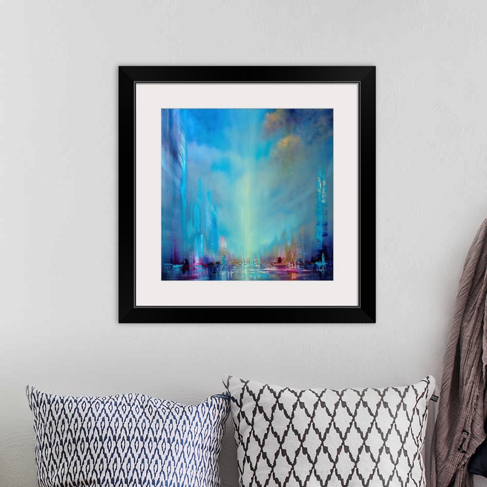 A bohemian room featuring Abstractly painted cityscape with a wide blue sky with clouds; reflection in the water, endless w...
