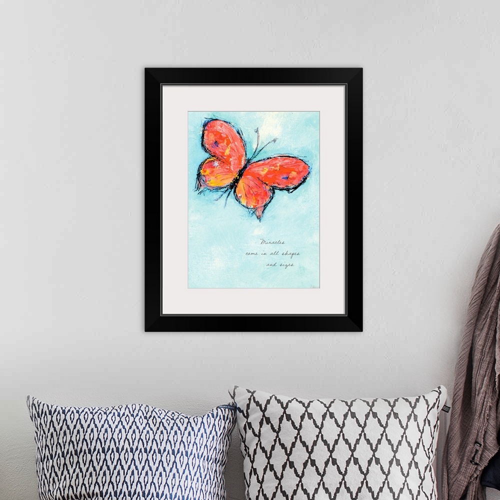 A bohemian room featuring Decorative artwork perfect for a home of a drawn butterfly over a pale blue sky. It contains an i...