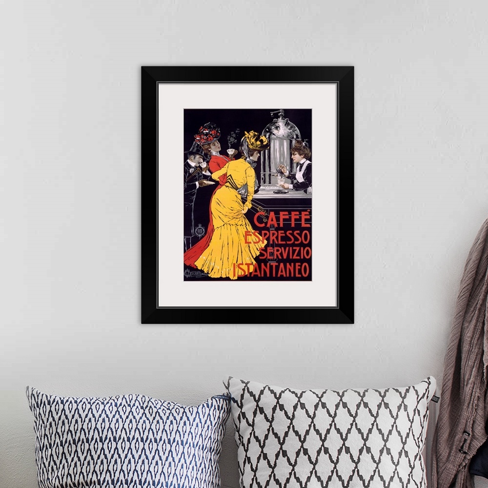 A bohemian room featuring Classic advertisement for Caffe Espresso Servizio Instantaneo featuring two elegant ladies and a ...