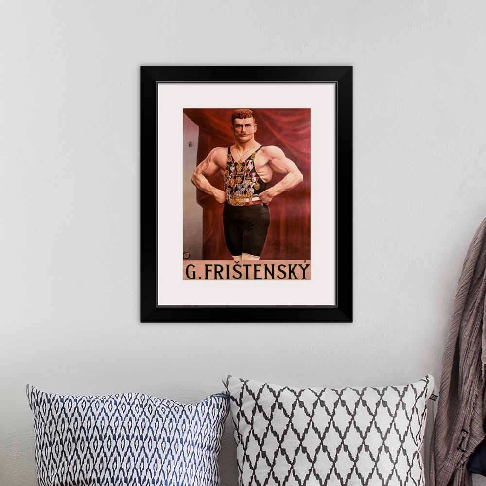 A bohemian room featuring Fristensky, Strong Man, Vintage Poster