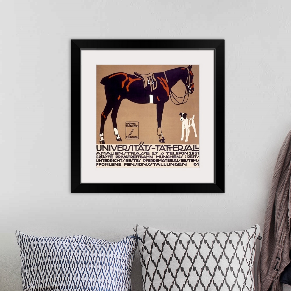 A bohemian room featuring Vintage advertising poster illustrating a terrier and a horse with an English saddle and braided ...