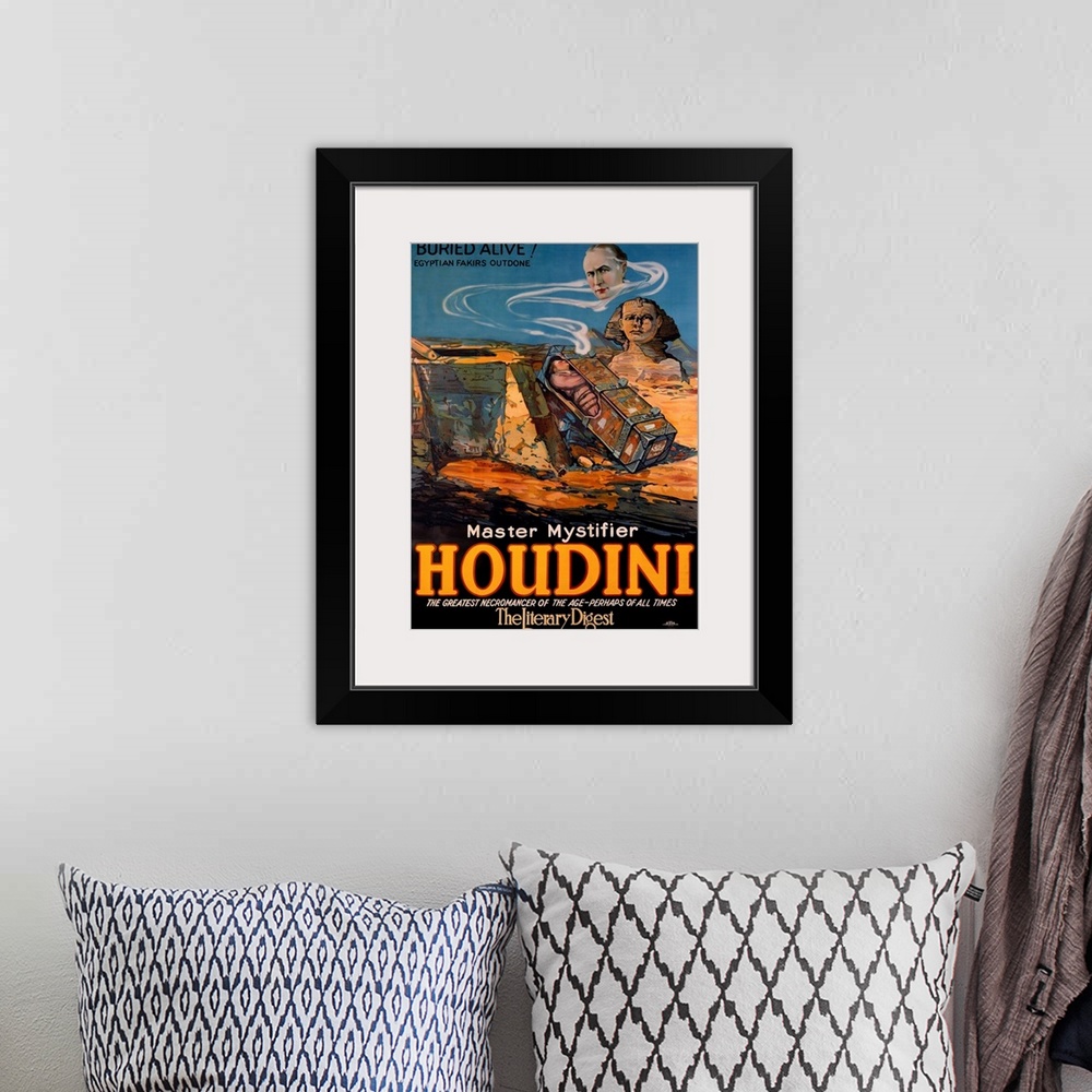 A bohemian room featuring Houdini, Buried Alive, the Literary Digest, Vintage Poster