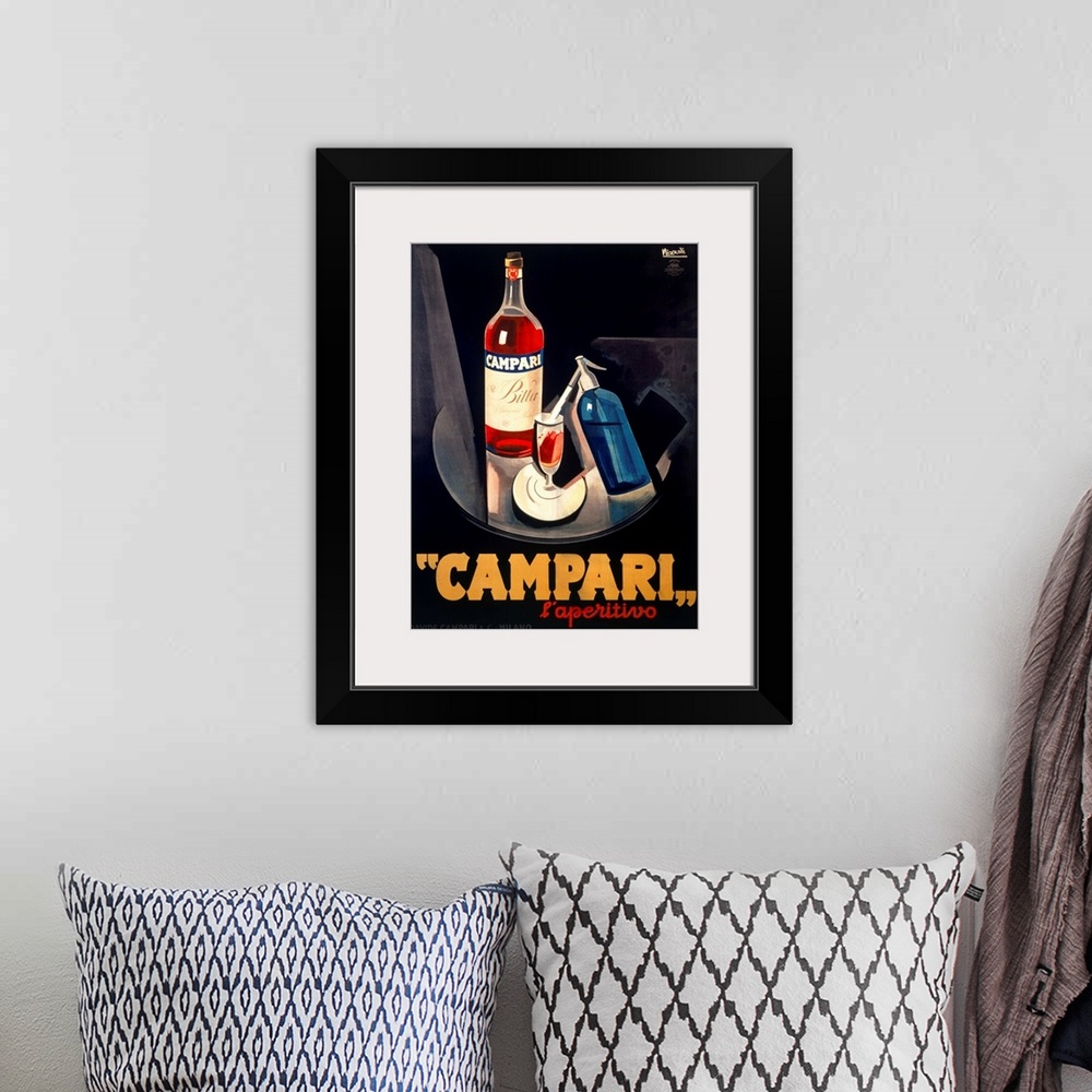A bohemian room featuring Vintage advertising poster for the Campari beverage, in bold masculine tones. Perfect for a dinin...