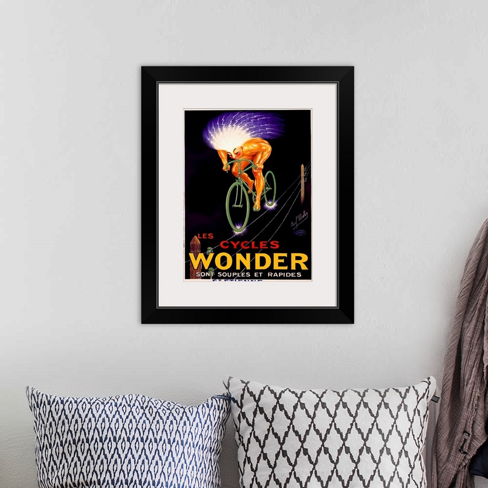 A bohemian room featuring Les Cycles Wonder Vintage Advertising Poster