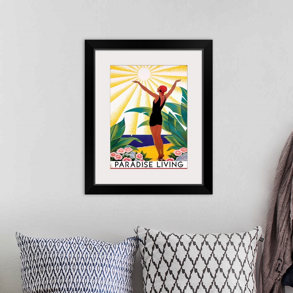 A bohemian room featuring Paradise Living Vintage Advertising Poster