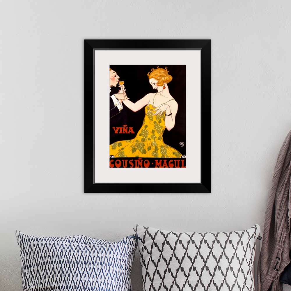 A bohemian room featuring An Art Deco advertising poster showing a young flapper in a dress printed with grapes sipping cha...