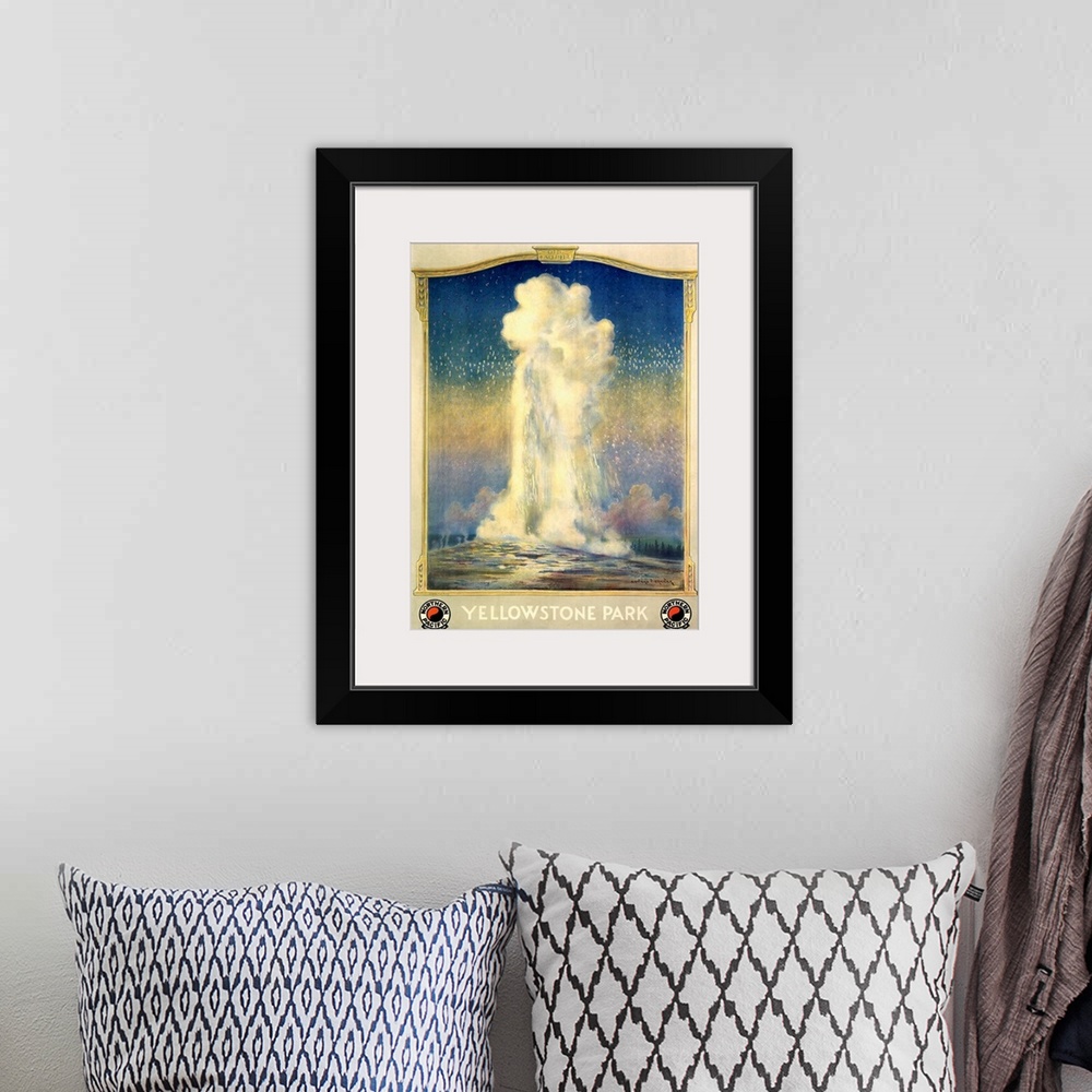 A bohemian room featuring Classic advertisement depicting a geyser erupting at American landmark Yellowstone Park.