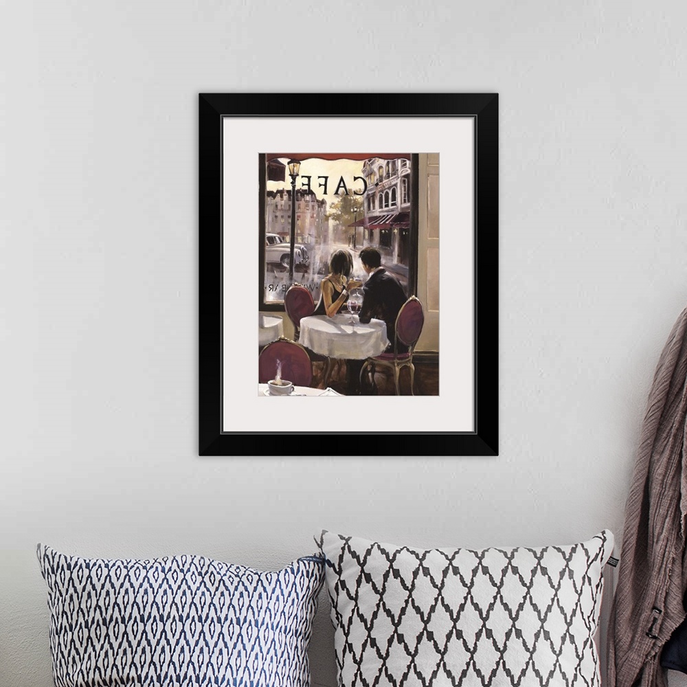 A bohemian room featuring Contemporary painting of a couple sitting in a cafe and gazing out the window at the world moving...