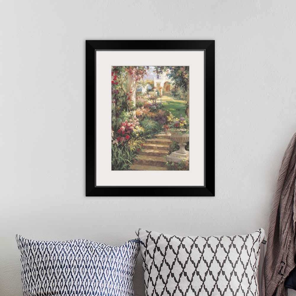 A bohemian room featuring Contemporary painting of a peaceful garden pathway with stairs.