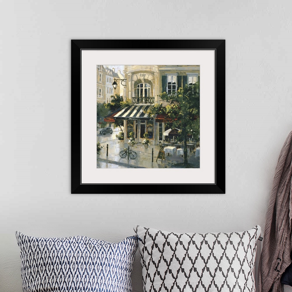 A bohemian room featuring Contemporary painting of a city street corner antique shop.