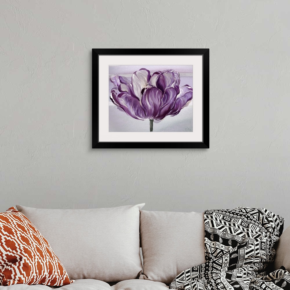 A bohemian room featuring Contemporary home decor art of  purple flower against a light gray background.