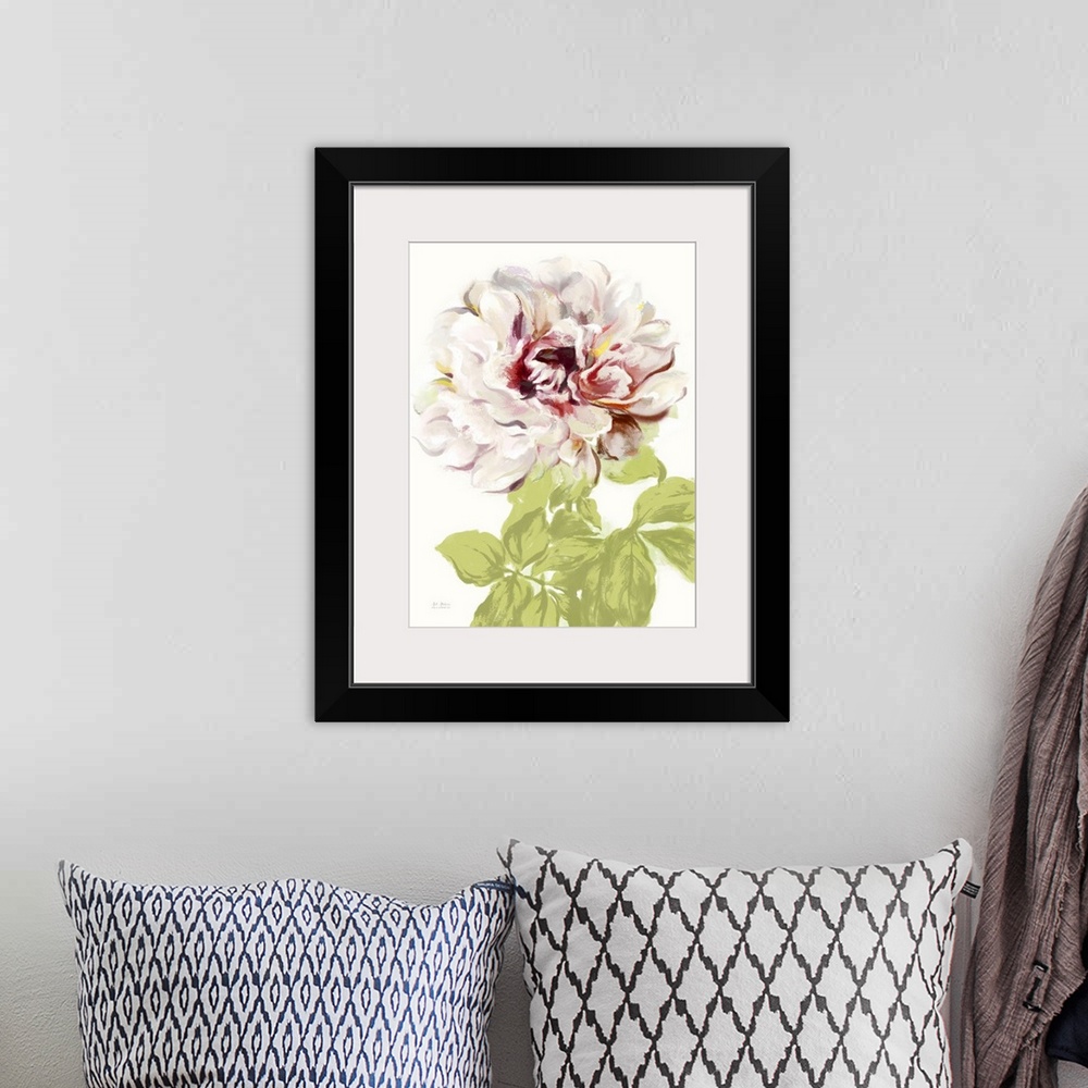 A bohemian room featuring Contemporary home decor art of a pale pink peony against a white background.