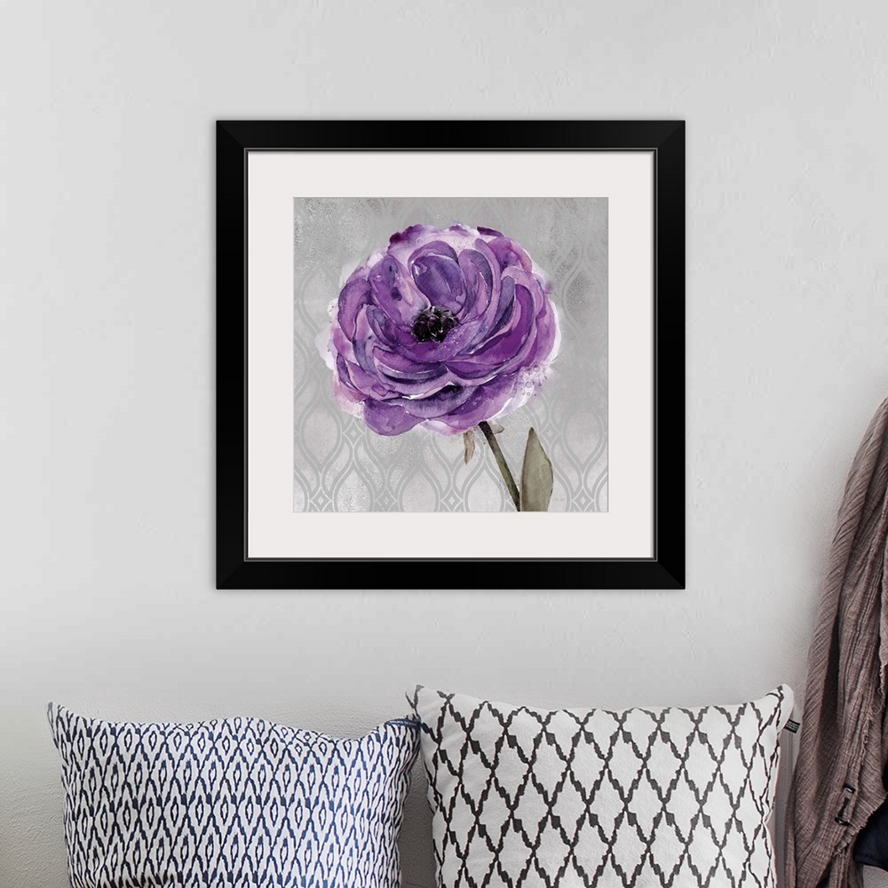 A bohemian room featuring Painting of a purple flower on a gray and silver patterned background.