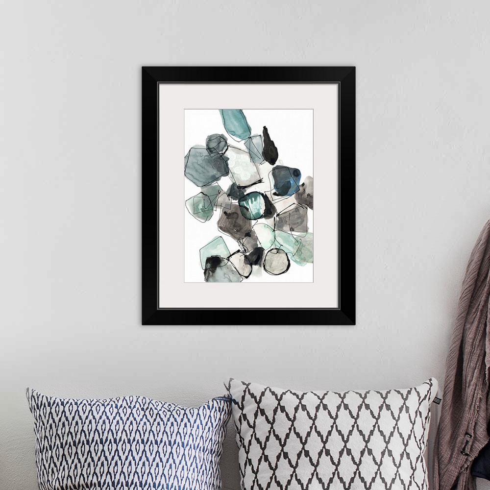 A bohemian room featuring Abstract artwork in grey and turquoise shapes resembling a collection of gemstones.