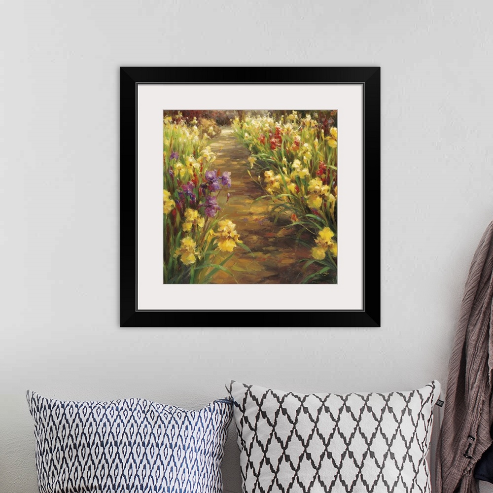 A bohemian room featuring Contemporary painting of a pathway in a garden surrounded by colorful irises.