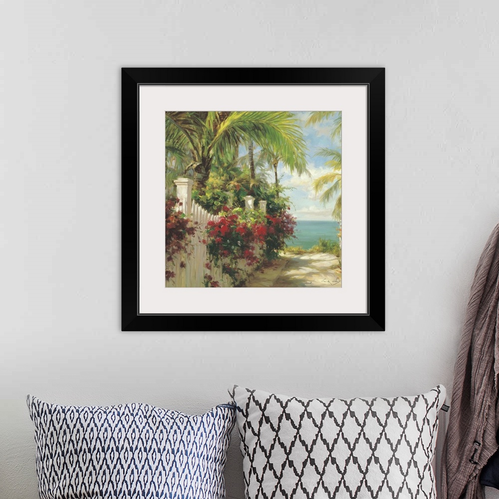 A bohemian room featuring Contemporary painting of a sandy path to the ocean with white fences and palm trees.