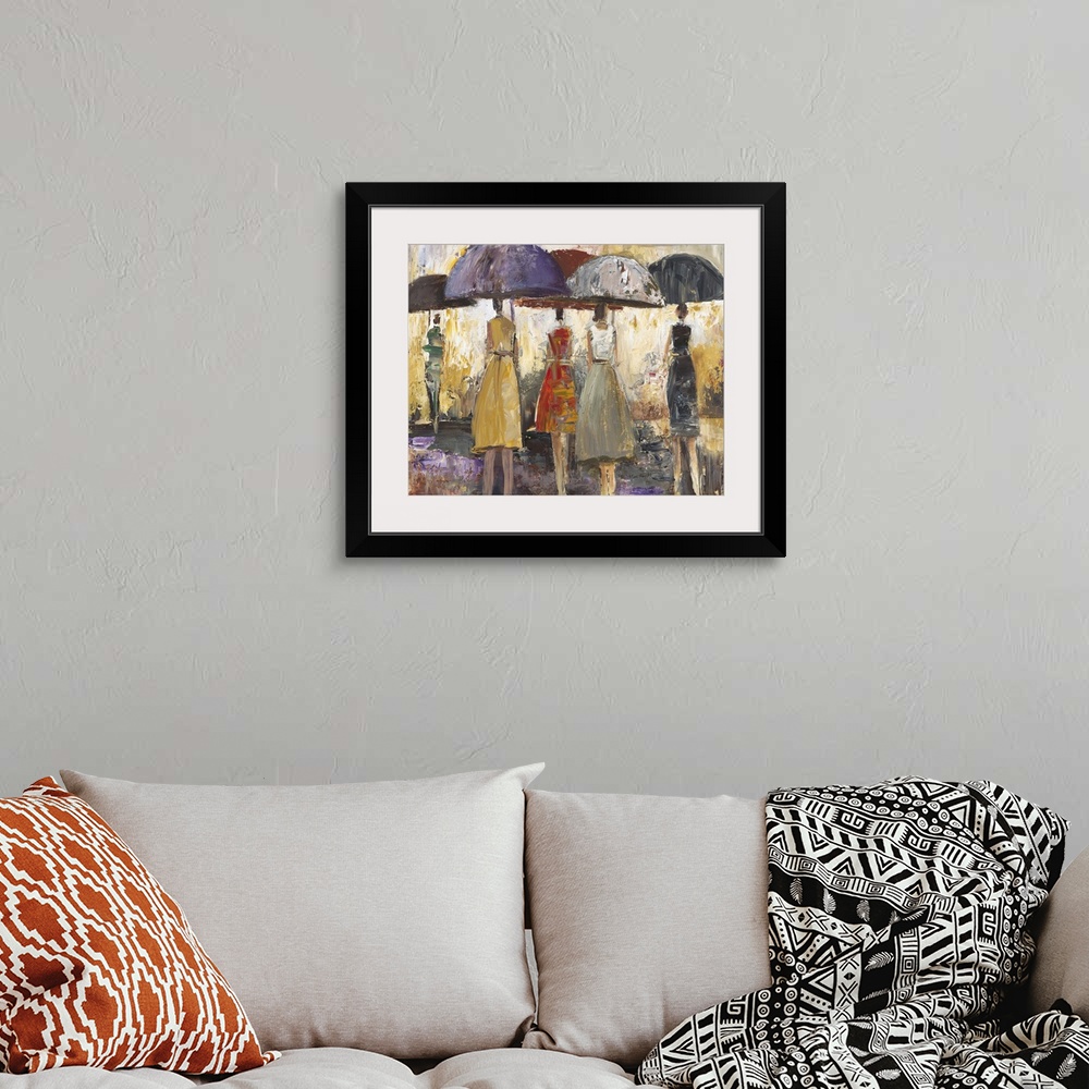 A bohemian room featuring Contemporary painting of people walking with umbrellas through rain.
