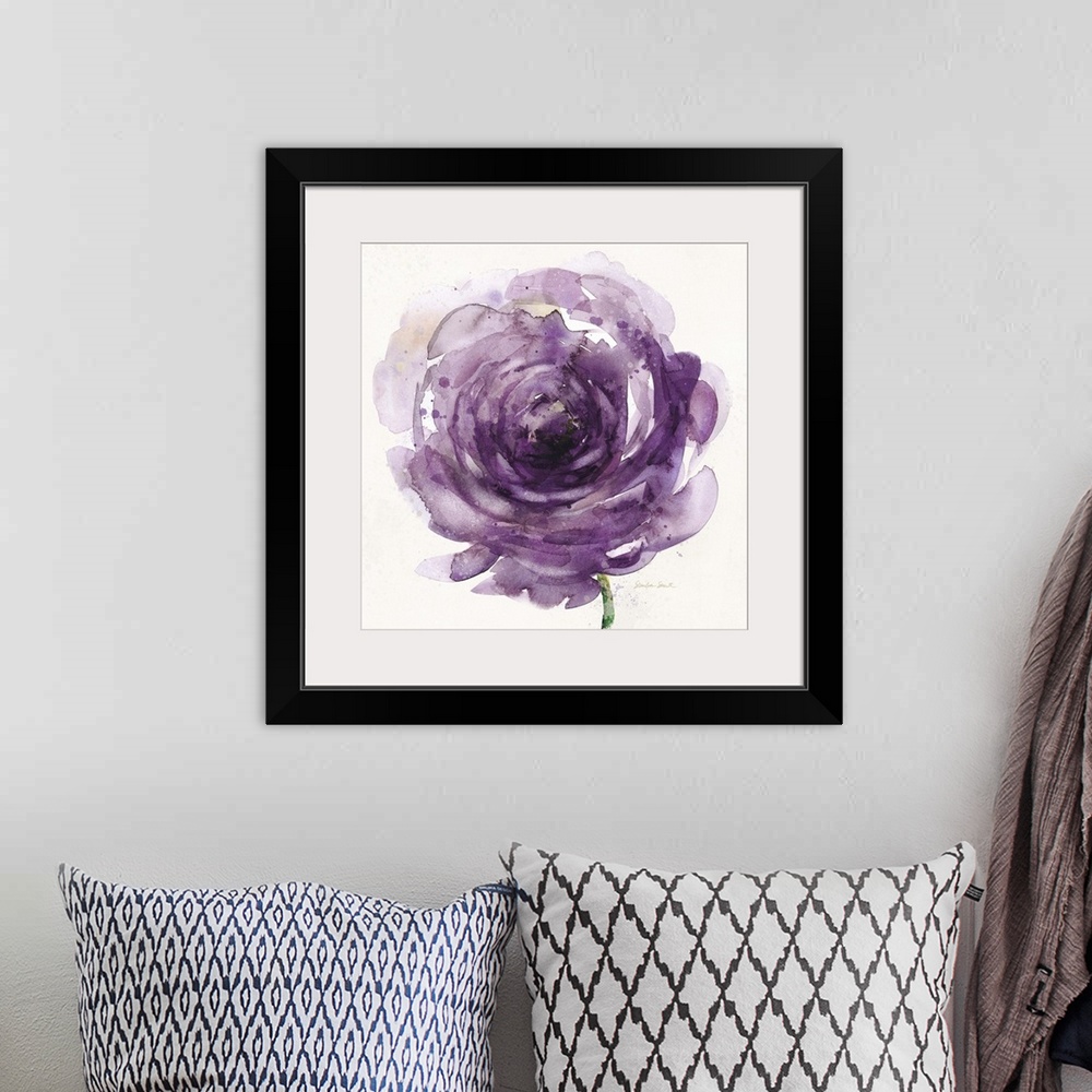 A bohemian room featuring Watercolor painting of a bright purple flower.