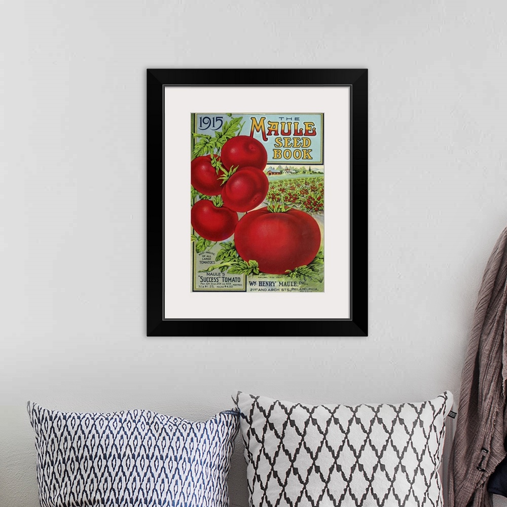A bohemian room featuring Vintage poster advertisement for 1915 Maule Tomato.