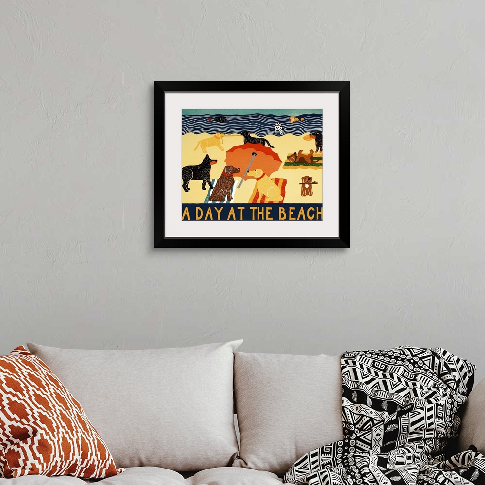 A bohemian room featuring Illustration of different breeds of dogs on the beach with the phrase "A Day At The Beach" writte...