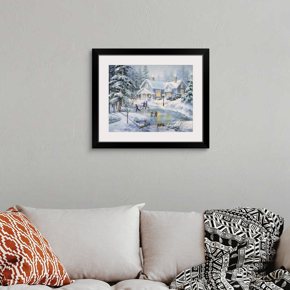 A bohemian room featuring Contemporary artwork of children skating on a frozen pond in front of a house after a snowfall.
