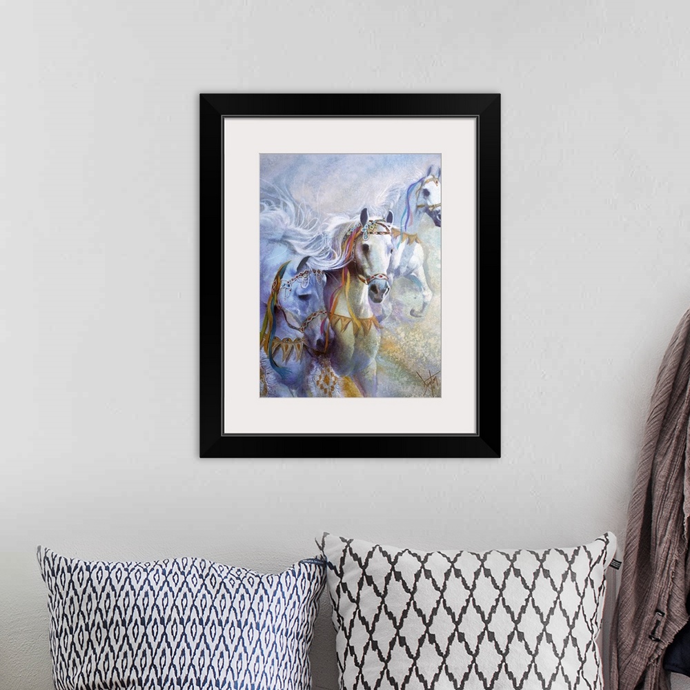 A bohemian room featuring A contemporary painting of a White horses running wild.