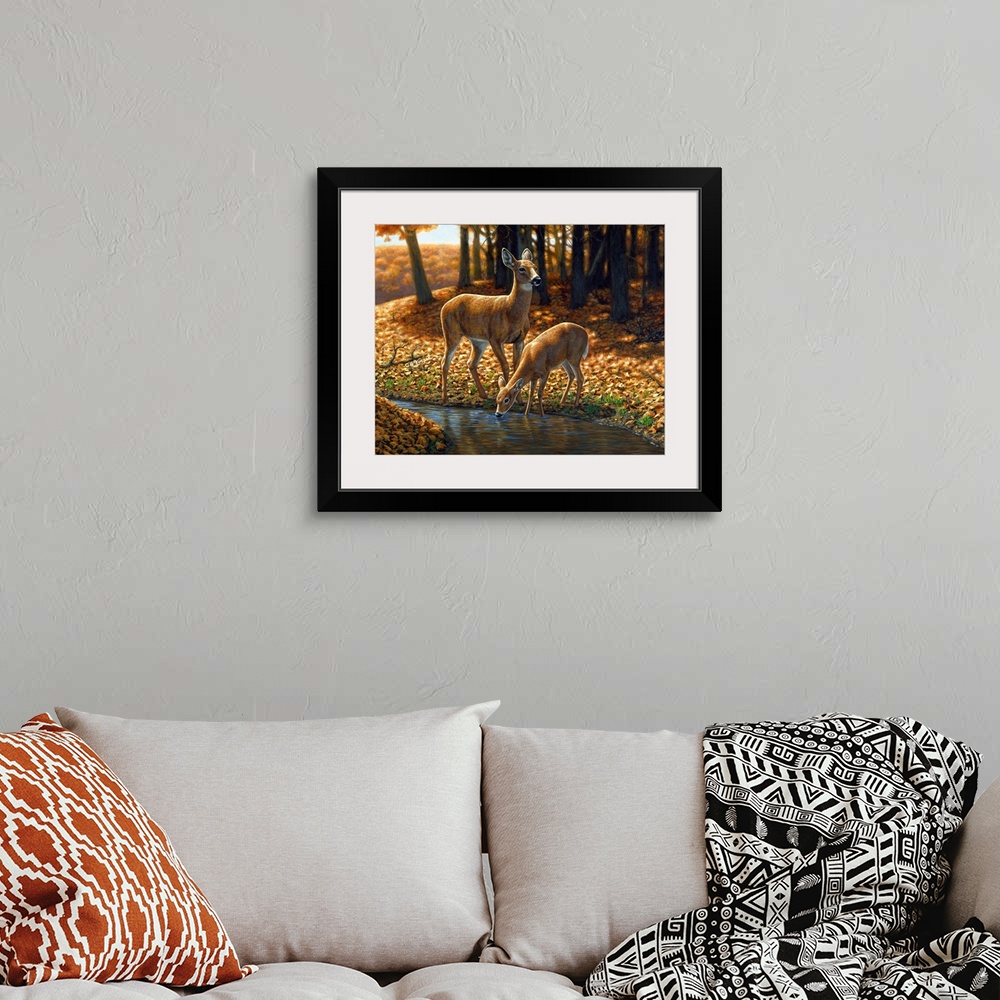 A bohemian room featuring Two Deer by a stream