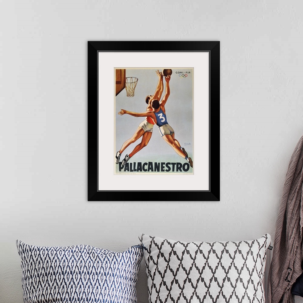 A bohemian room featuring Vintage poster artwork for Pallacanestro Basketball.