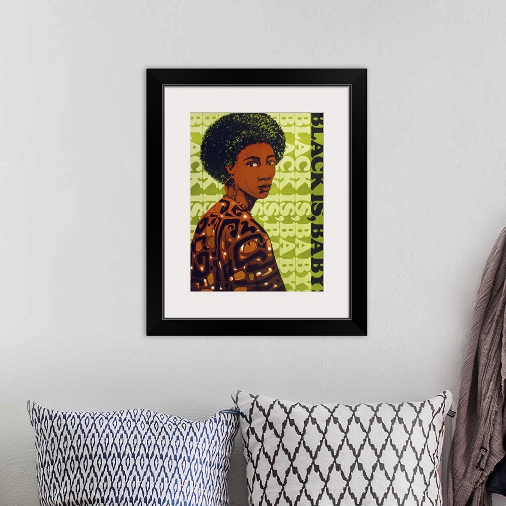 A bohemian room featuring Vintage poster artwork of an African-American woman looking over her shoulder with lime green tex...