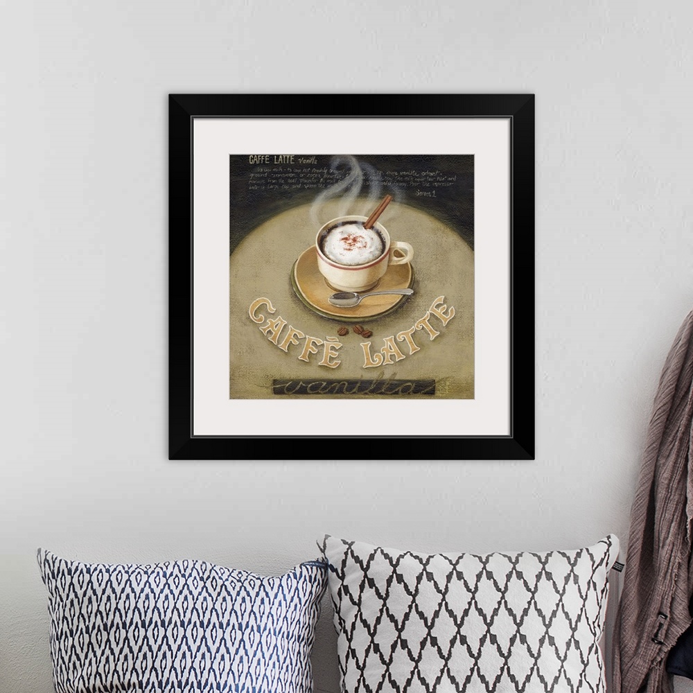 A bohemian room featuring Coffee cup and saucer with foam and cinnamon stick in cup.