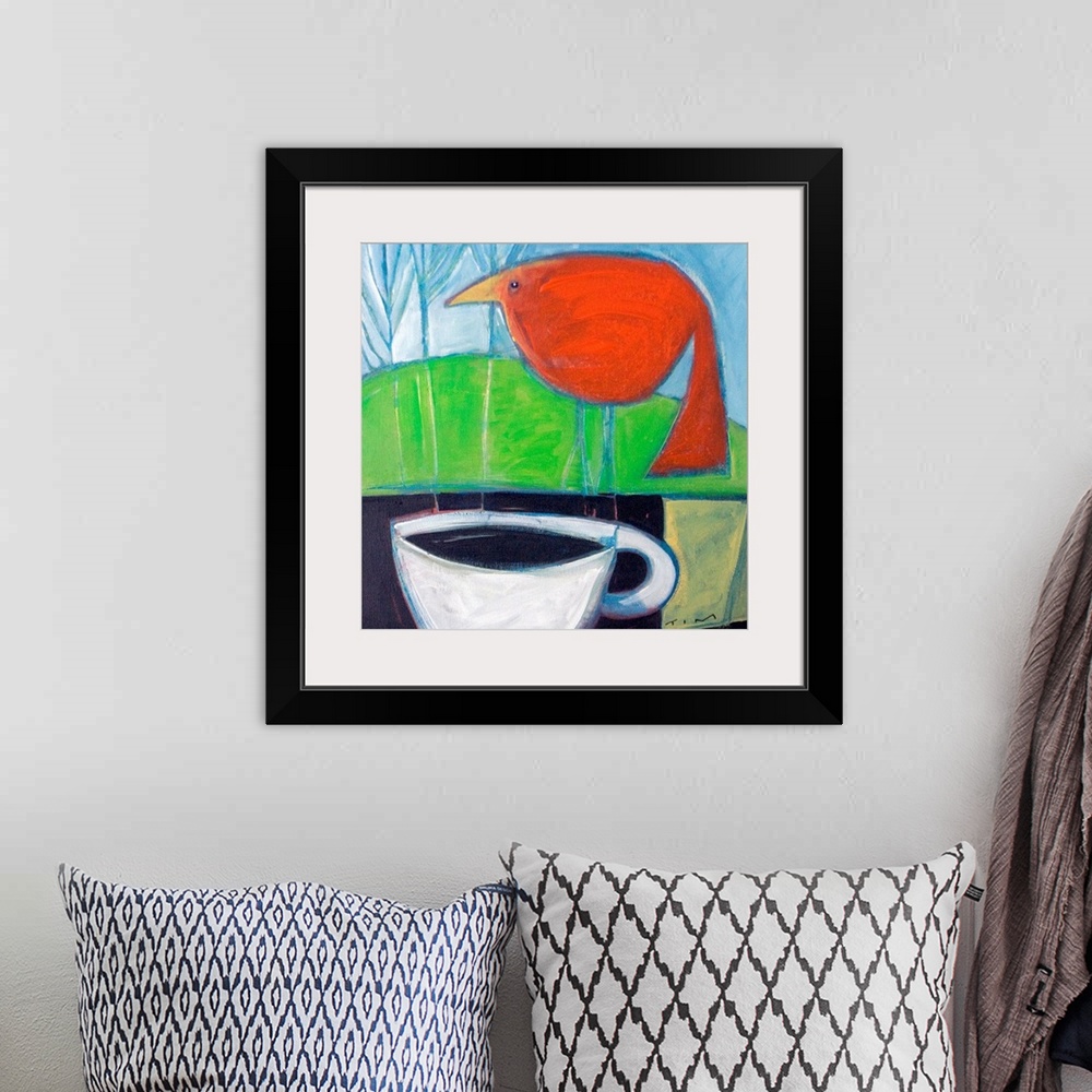 A bohemian room featuring Square artwork on large canvas of a big red bird perching on a ledge in front of a hillside.  A l...
