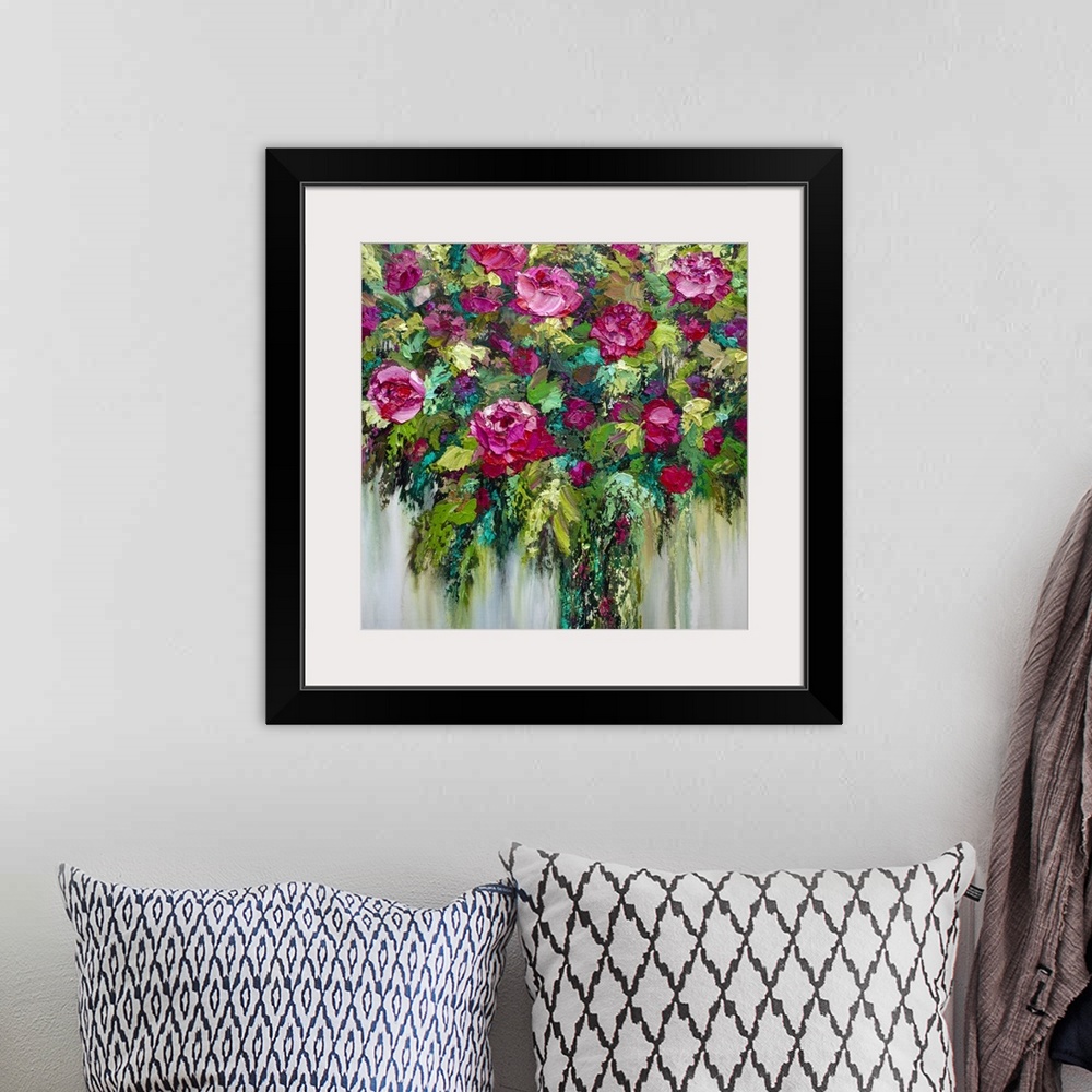 A bohemian room featuring Colorful acrylic floral bouquet painting of red roses and pink flowers by contemporary artist Mel...
