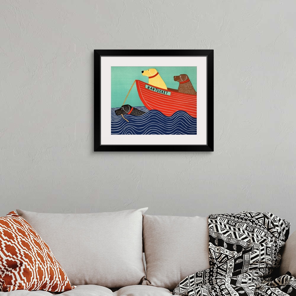 A bohemian room featuring Illustration of a black lab in the ocean pulling a yellow and chocolate lab in a red boat titled ...