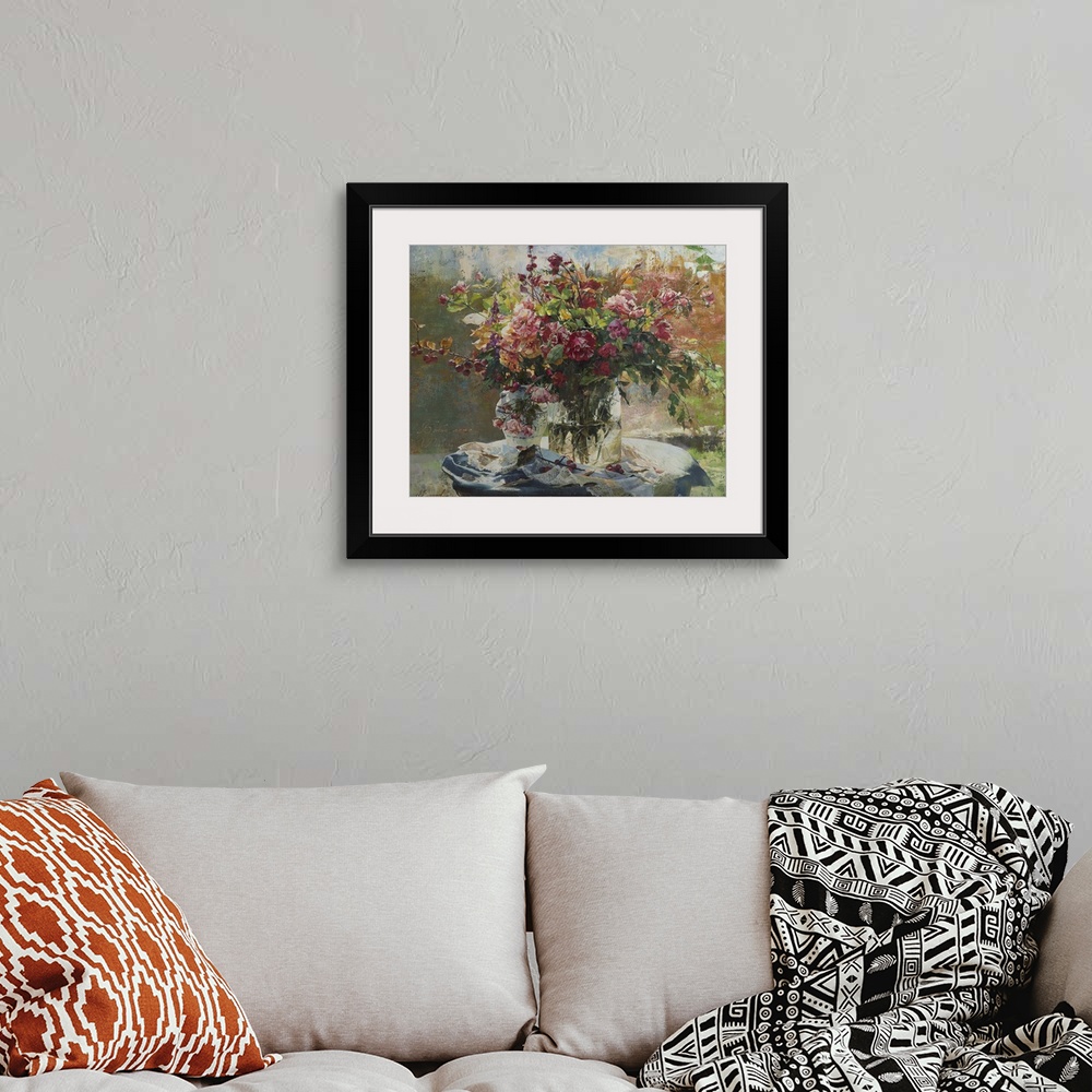 A bohemian room featuring Contemporary still-life painting of flowers.