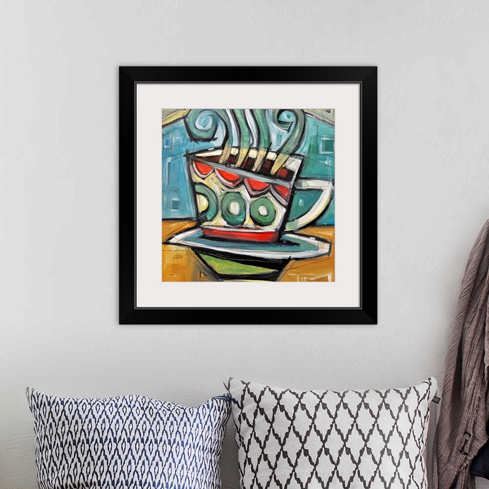 A bohemian room featuring Modern artwork of a coffe cup sitting on a table with steam from the hot coffee pouring out of th...