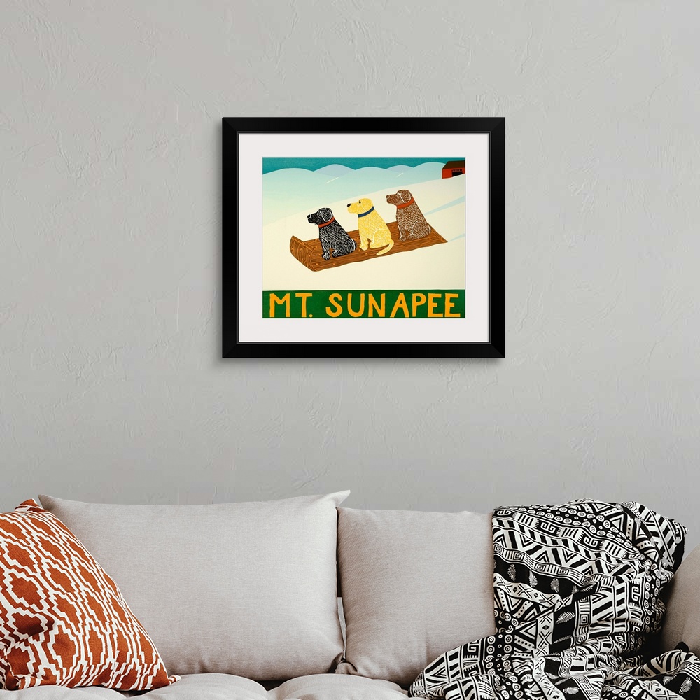A bohemian room featuring Illustration of a chocolate, yellow, and black lab sledding down the slopes with "Mt. Sunapee" wr...