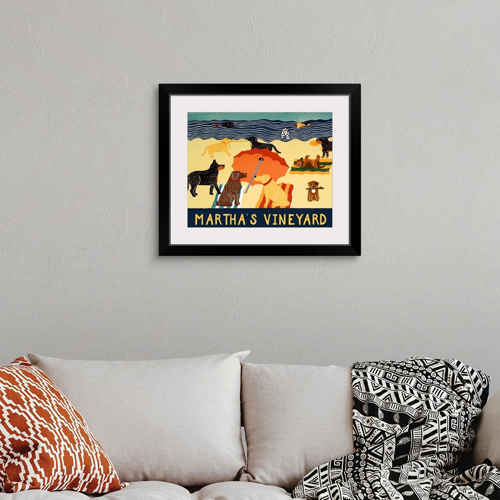 A bohemian room featuring Illustration of multiple breeds of dogs having a beach day with "Martha's Vineyard" written on th...