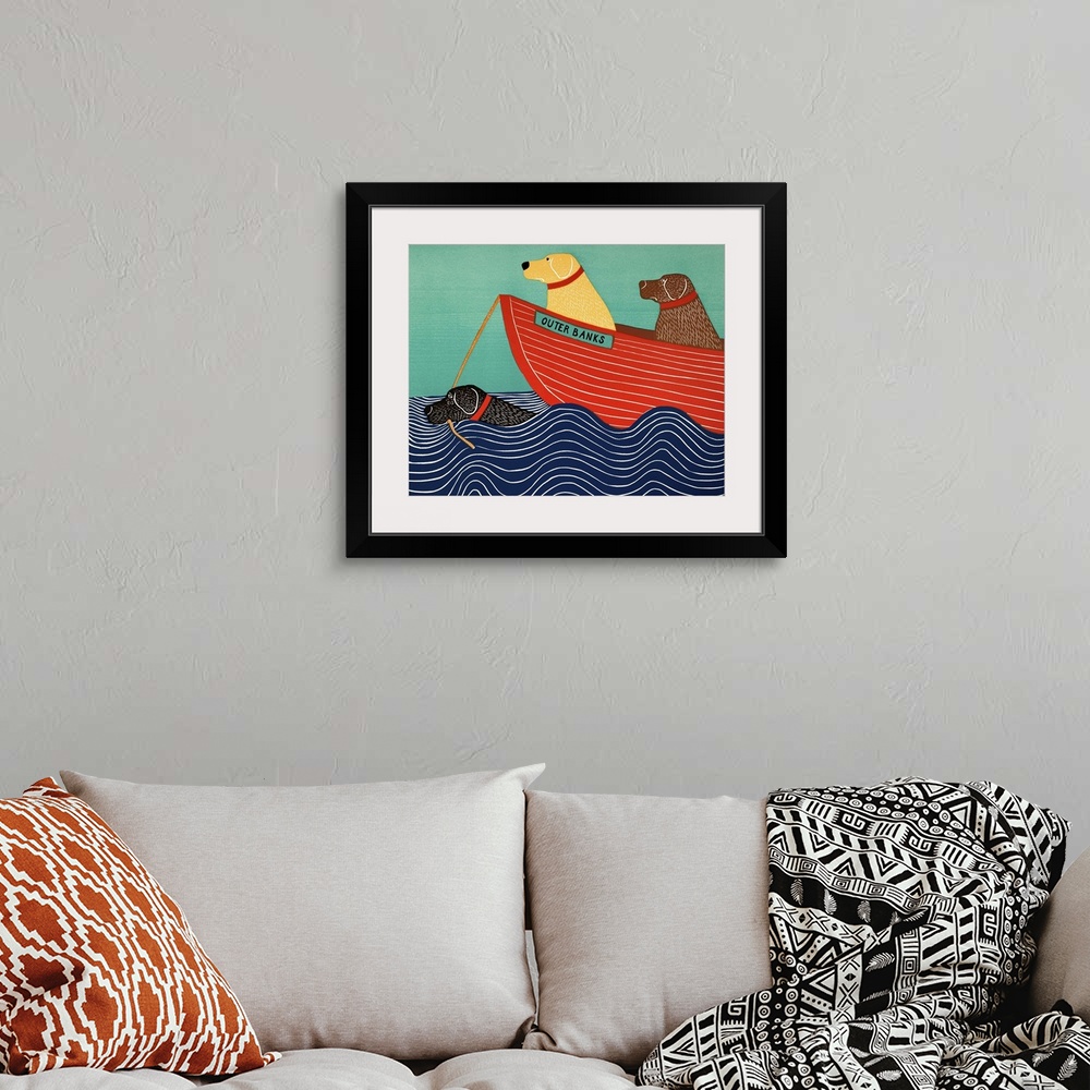 A bohemian room featuring Illustration of a black lab in the ocean pulling a red boat to the Outer Banks with a yellow and ...