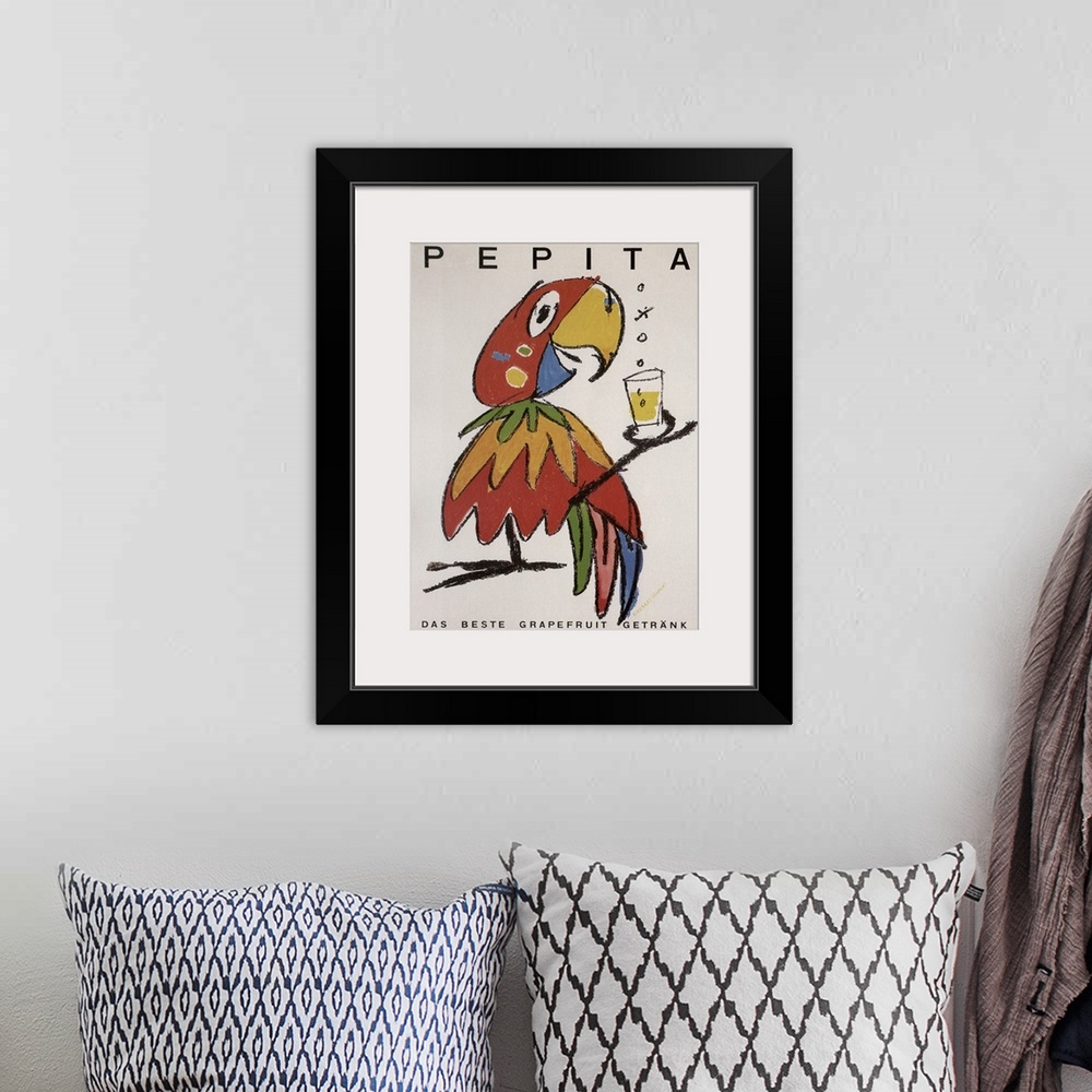 A bohemian room featuring Pepita the Parrot - Vintage Liquor Advertisement