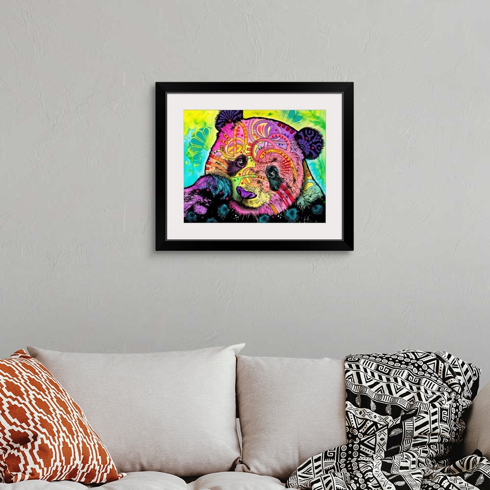 A bohemian room featuring Pop art style painting of a panda bear covered in colorful abstract markings on a blue, yellow, a...