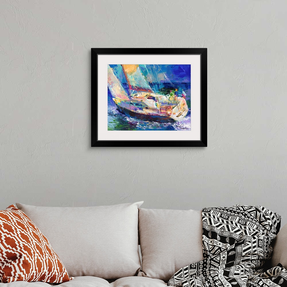 A bohemian room featuring Colorful abstract painting of a sailboat in the ocean.